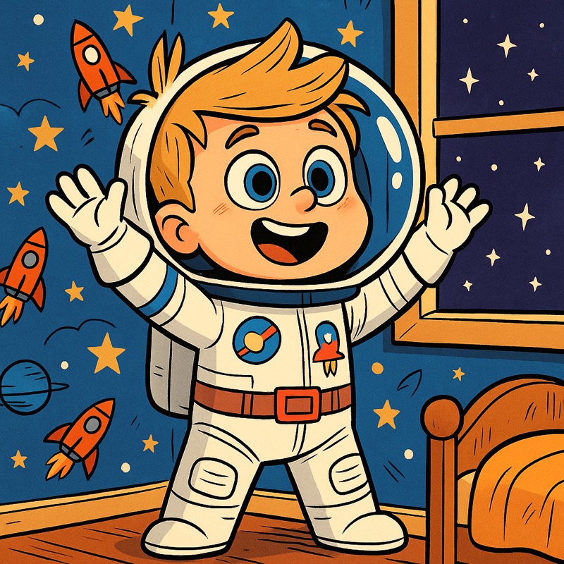A boy in an astronaut suit in his bedroom