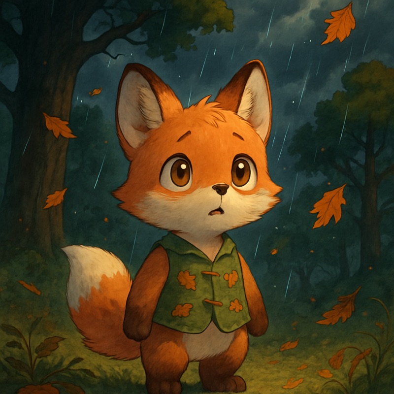 An adorable fox kit in a rainy autumn forest