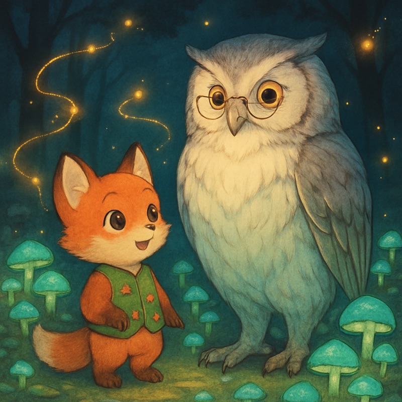 A fox cub meeting a wise owl among glowing mushrooms