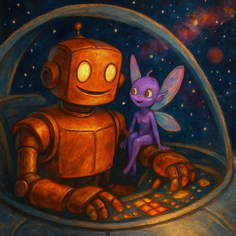 A robot piloting a spacecraft with a tiny alien